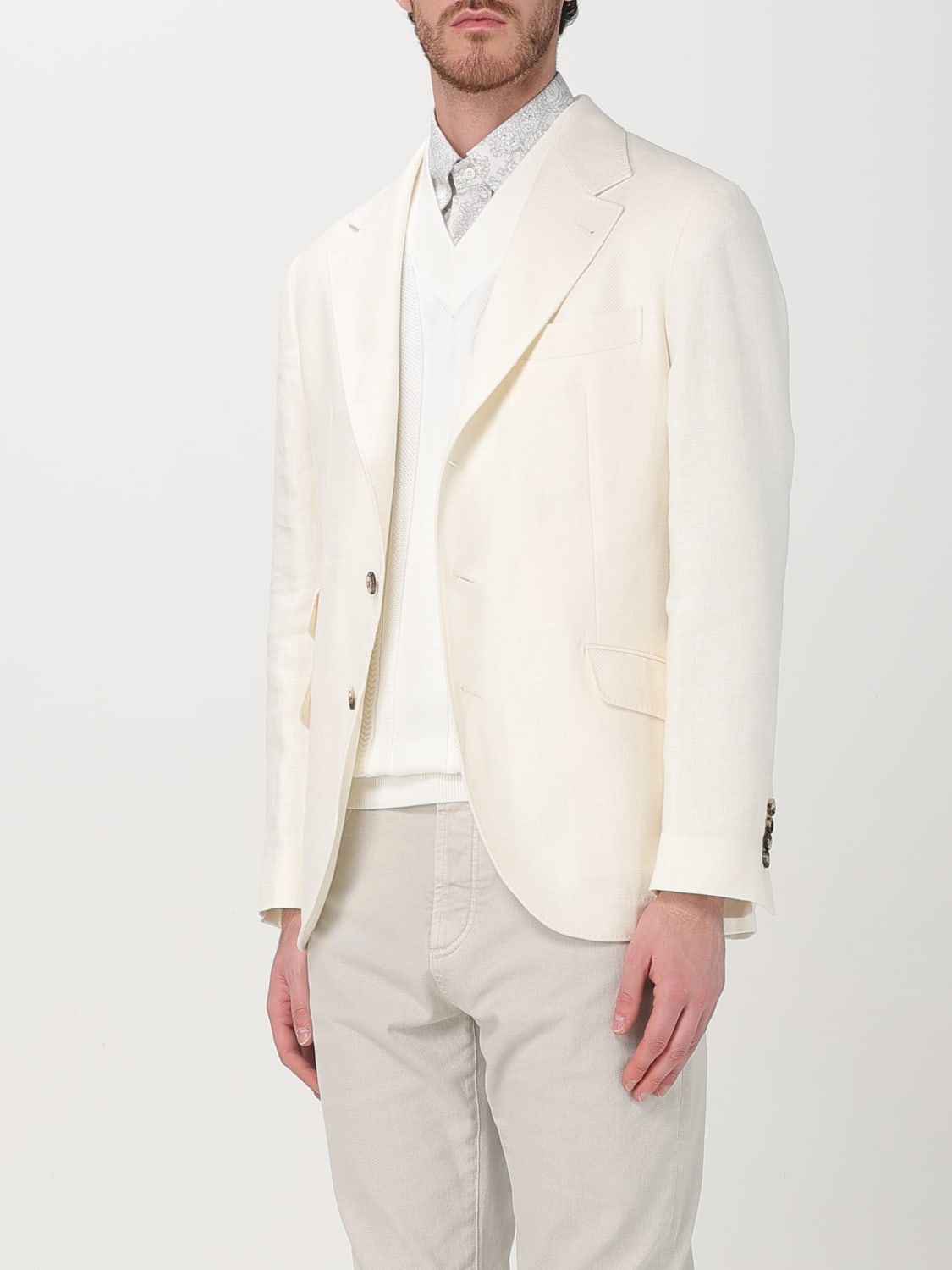 BRUNELLO CUCINELLI MEN'S OFF WHITE LINEN WOOL BLAZER