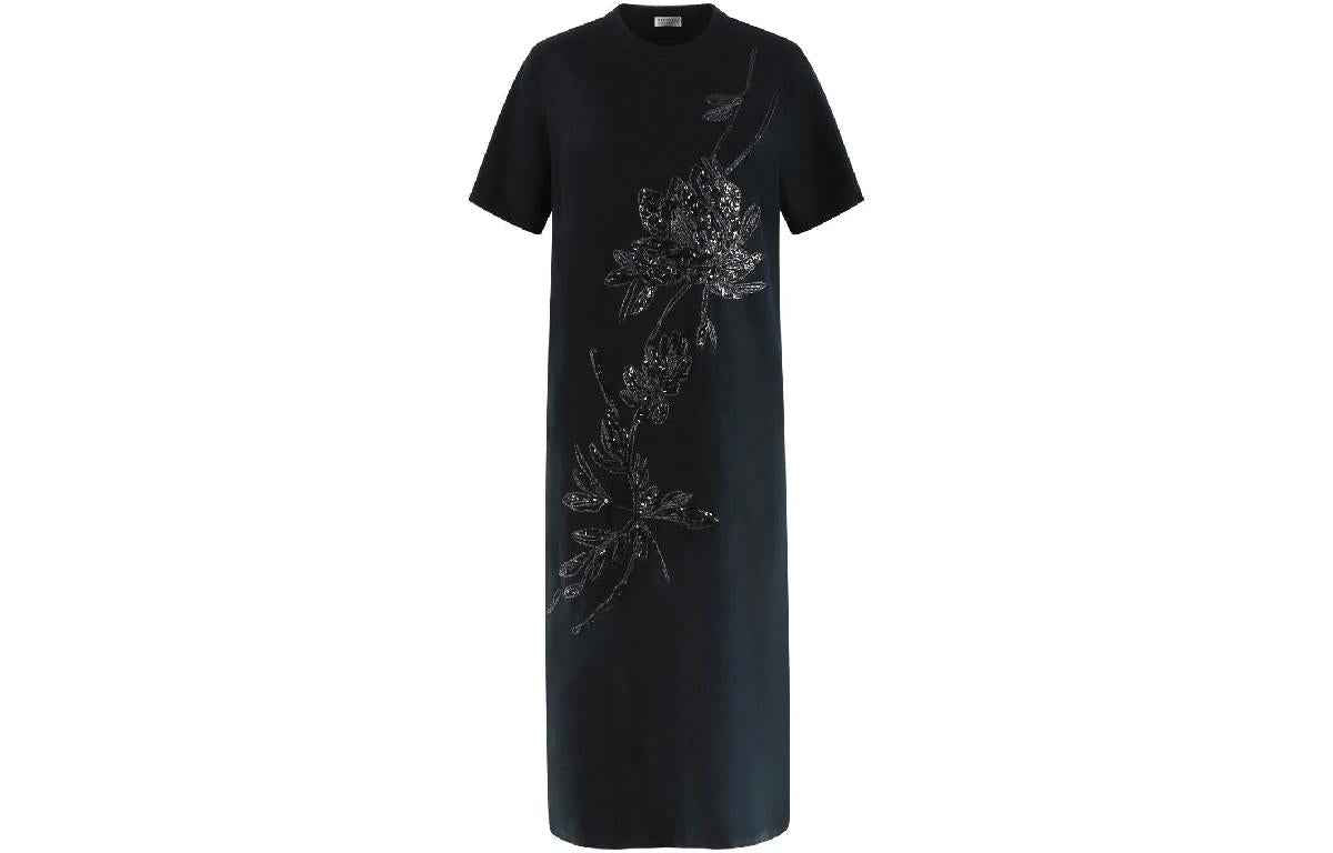 BRUNELLO CUCINELLI WOMEN'S BLACK EMBROIDERED STRAIGHT DRESS