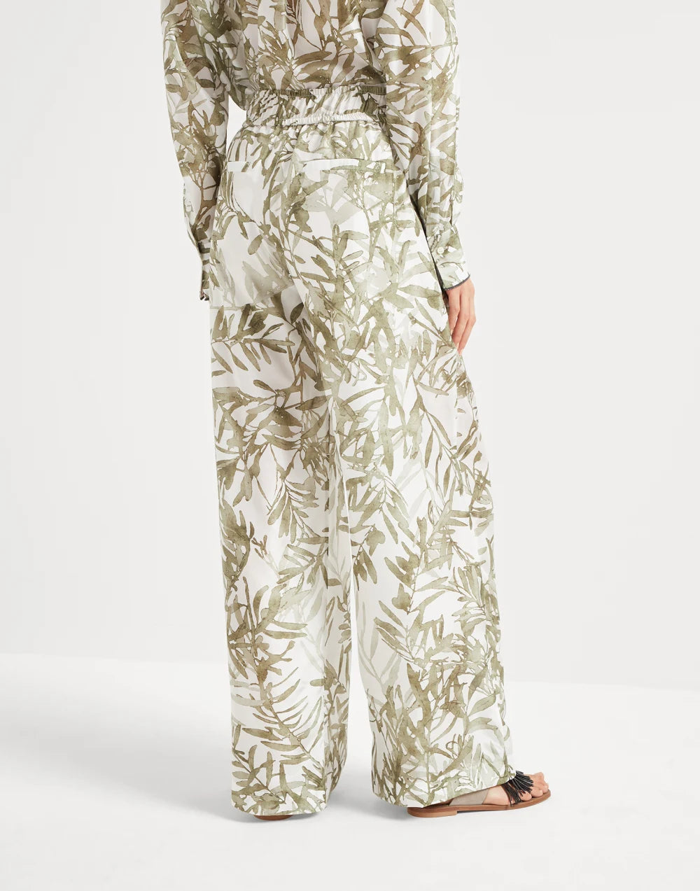 BRUNELLO CUCINELLI WOMEN'S WHITE PRINTED SILK WIDE TROUSERS