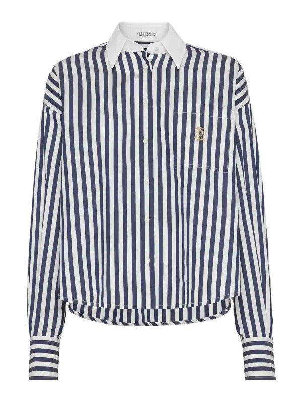 BRUNELLO CUCINELLI WOMEN'S BLUE STRIPED COTTON SILK SHIRT