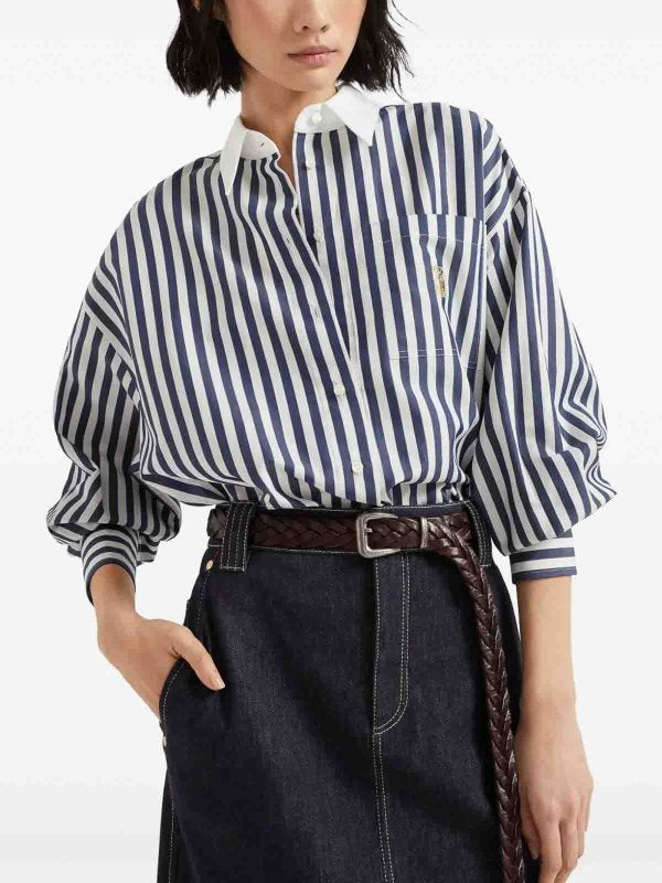 BRUNELLO CUCINELLI WOMEN'S BLUE STRIPED COTTON SILK SHIRT