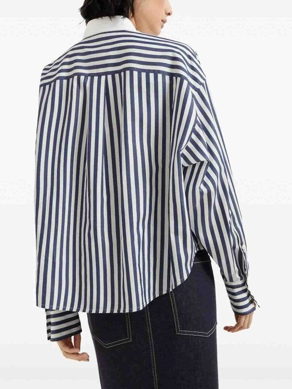 BRUNELLO CUCINELLI WOMEN'S BLUE STRIPED COTTON SILK SHIRT