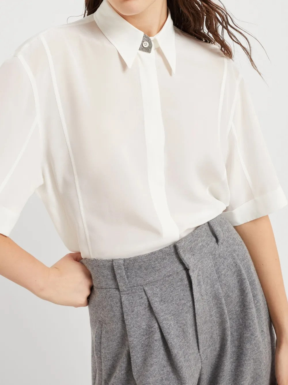 BRUNELLO CUCINELLI WOMEN'S NATURALE SILK SHORT SLEEVE SHIRT
