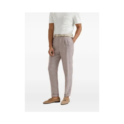 BRUNELLO CUCINELLI MEN'S LIGHT GREY LINEN TAPERED TROUSERS