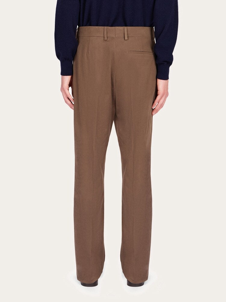 FERRAGAMO MEN'S BROWN TAILORED COTTON TROUSERS