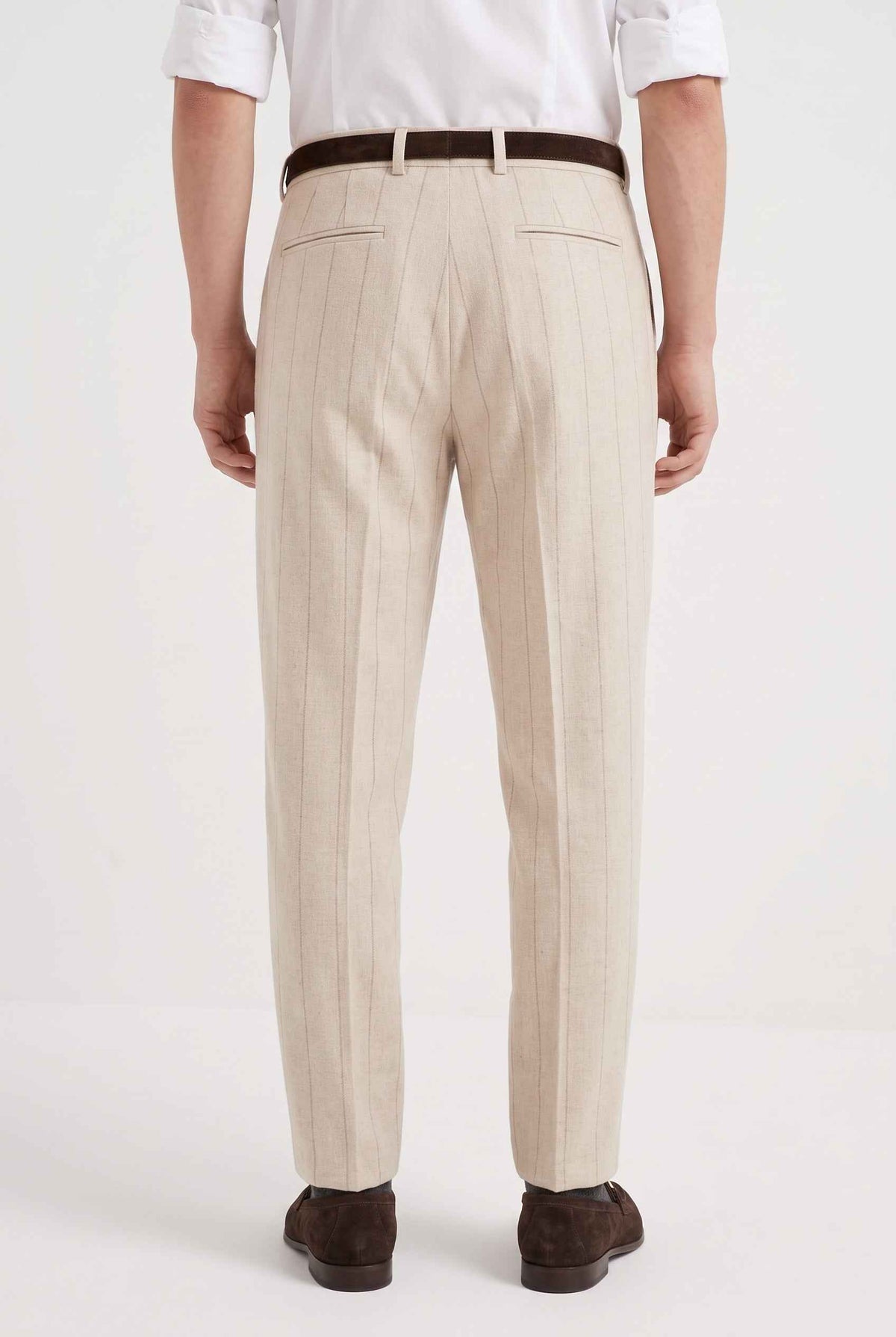 BRUNELLO CUCINELLI MEN'S SAND WOOL PINSTRIPE TROUSERS