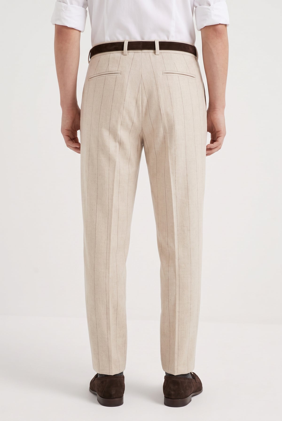 BRUNELLO CUCINELLI MEN'S SAND WOOL PINSTRIPE TROUSERS