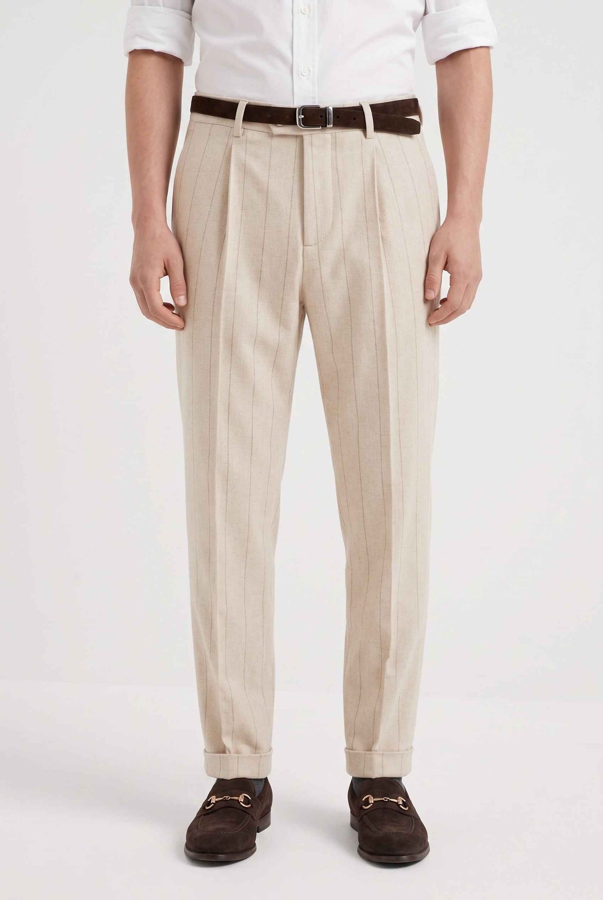 BRUNELLO CUCINELLI MEN'S SAND WOOL PINSTRIPE TROUSERS