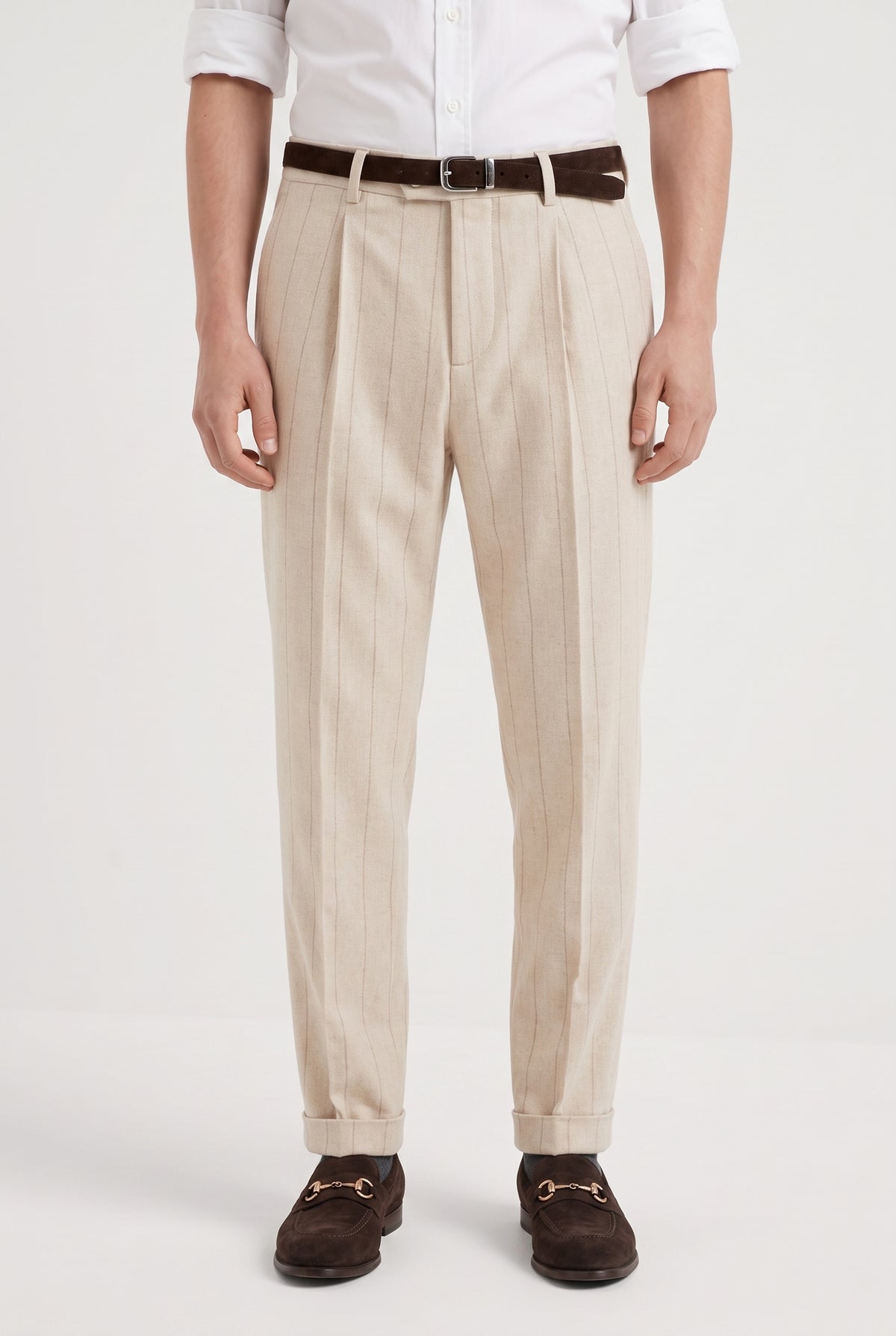BRUNELLO CUCINELLI MEN'S SAND WOOL PINSTRIPE TROUSERS