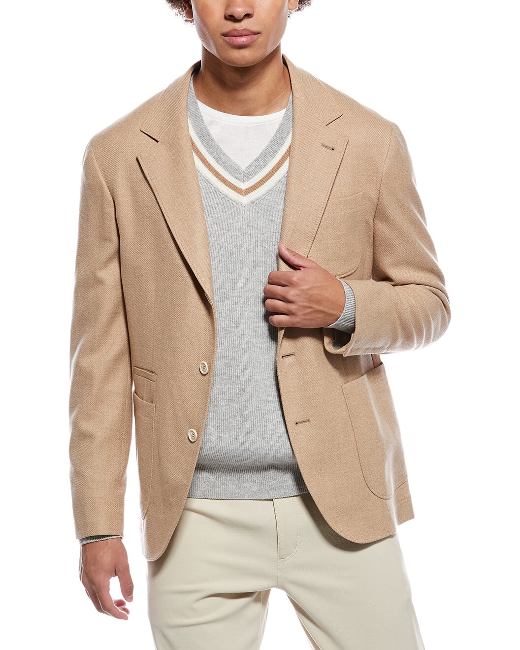 BRUNELLO CUCINELLI MEN'S CAMEL WOOL SILK BLAZER