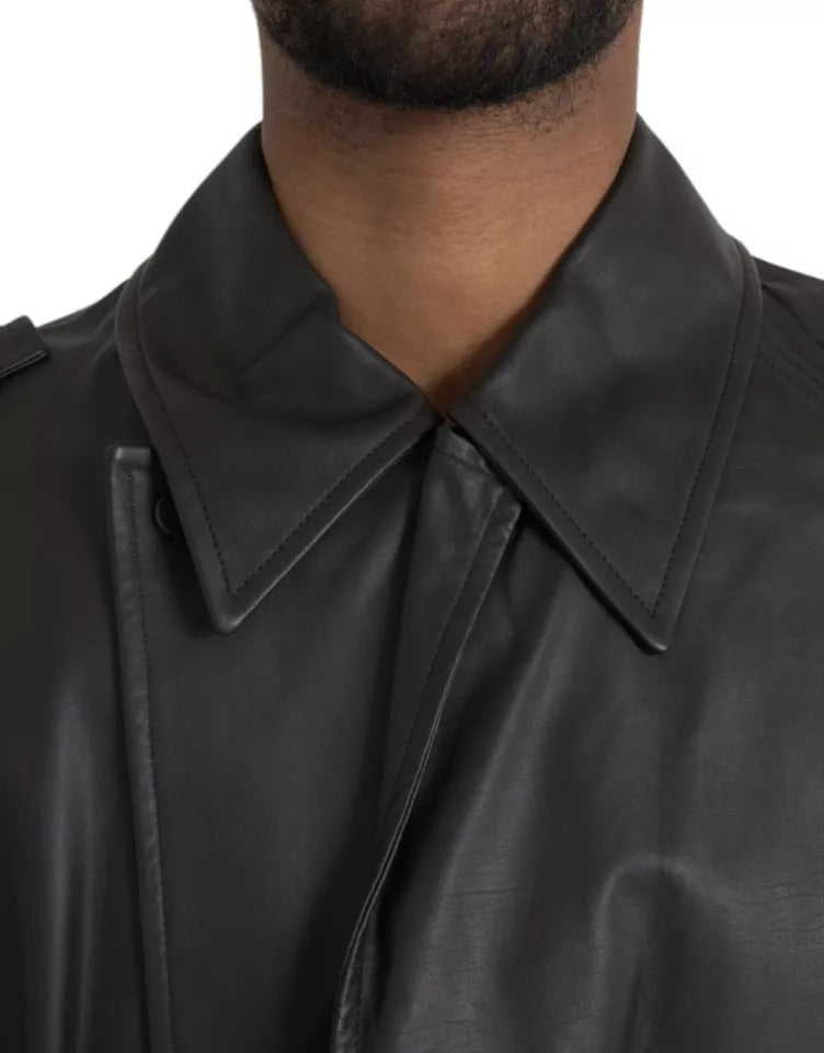 Bottega Veneta Black Leather Men Waterproof Trenchcoat Jacket