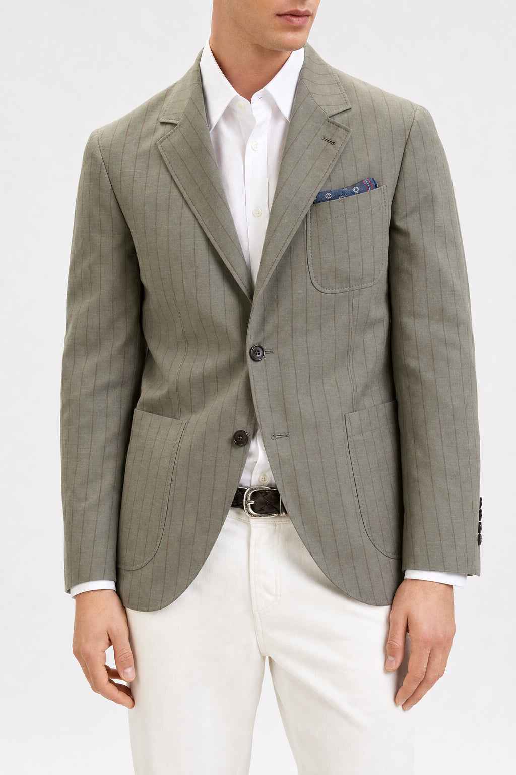 BRUNELLO CUCINELLI MEN'S OLIVE STRIPED CASUAL JACKET