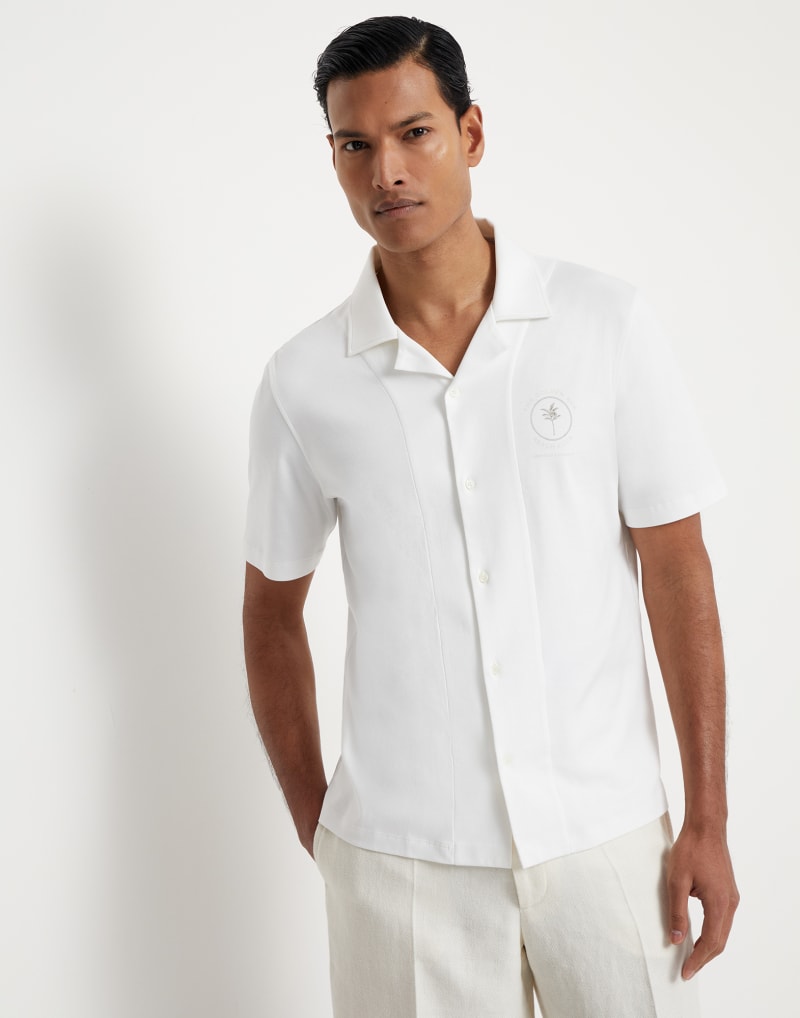 BRUNELLO CUCINELLI MEN'S OPTICAL WHITE SHORT SLEEVE COTTON SHIRT
