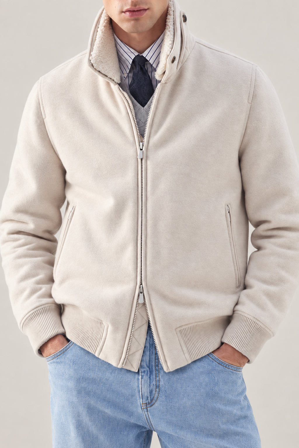 BRUNELLO CUCINELLI MEN'S SAND WOOL BOMBER JACKET