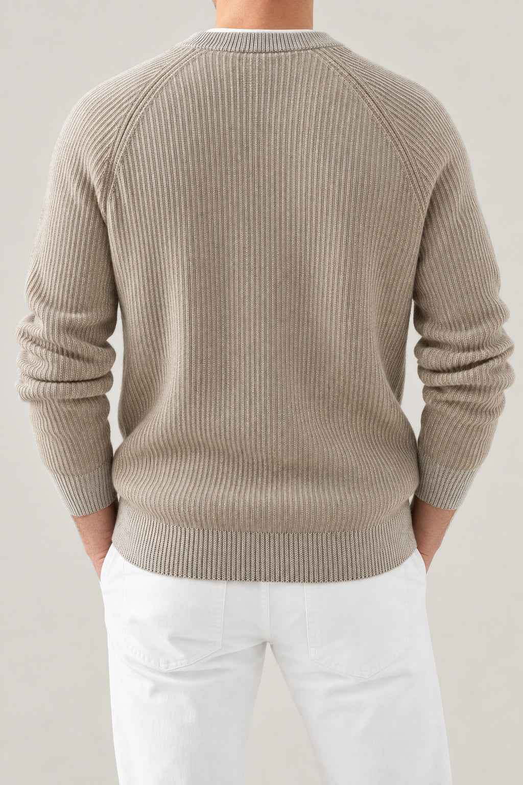 BRUNELLO CUCINELLI MEN'S BEIGE RIBBED KNIT SWEATER