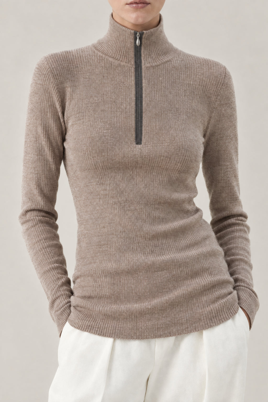 BRUNELLO CUCINELLI WOMEN'S BROWN WOOL BLEND ZIP MOCK NECK SWEATER