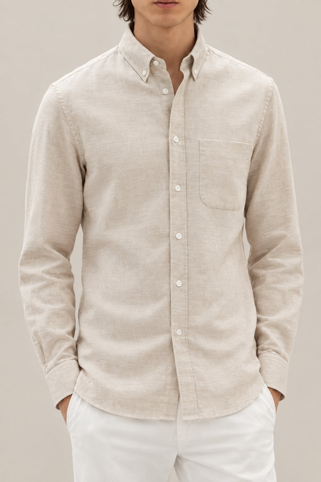 BRUNELLO CUCINELLI MEN'S SAND BUTTON DOWN COTTON SHIRT