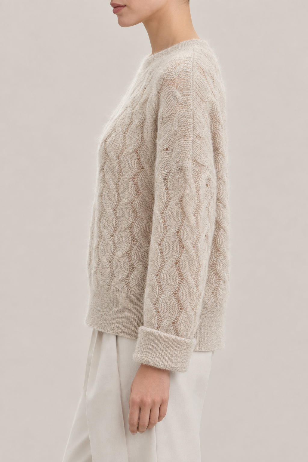 BRUNELLO CUCINELLI WOMEN'S LIGHT BEIGE CABLE KNIT WOOL SWEATER