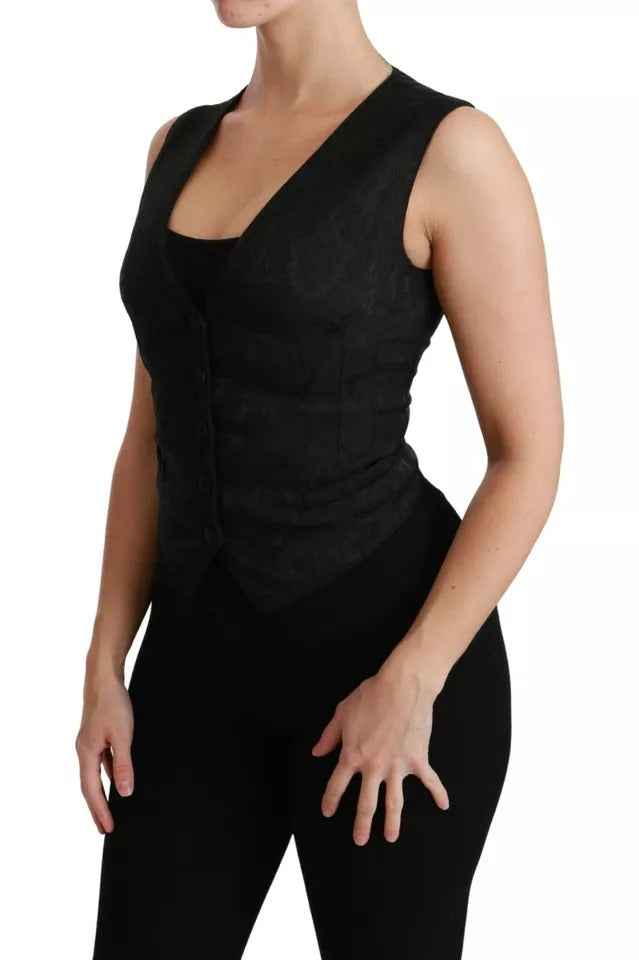 Dolce & Gabbana Black Lace Waistcoat Slim Vest Silk Top