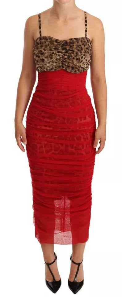 Dolce & Gabbana Brown Leopard Red Tulle Sheath Midi Dress