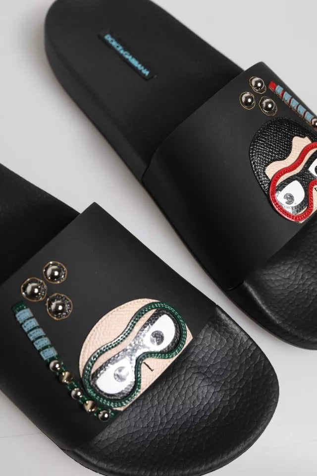 Dolce & Gabbana Black Divers Leather Flats Slides Sandals Beachwear Shoes