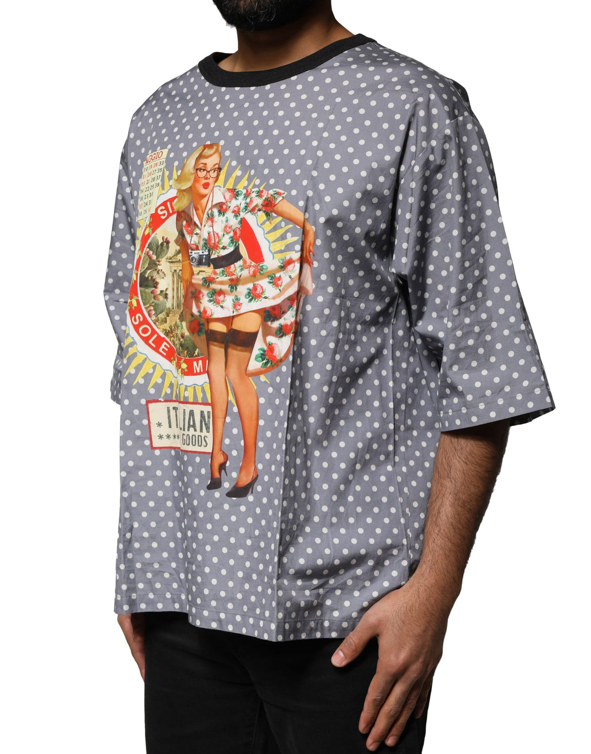 Dolce & Gabbana Gray Polka Dot Pin-Up Print Crew Neck T-shirt