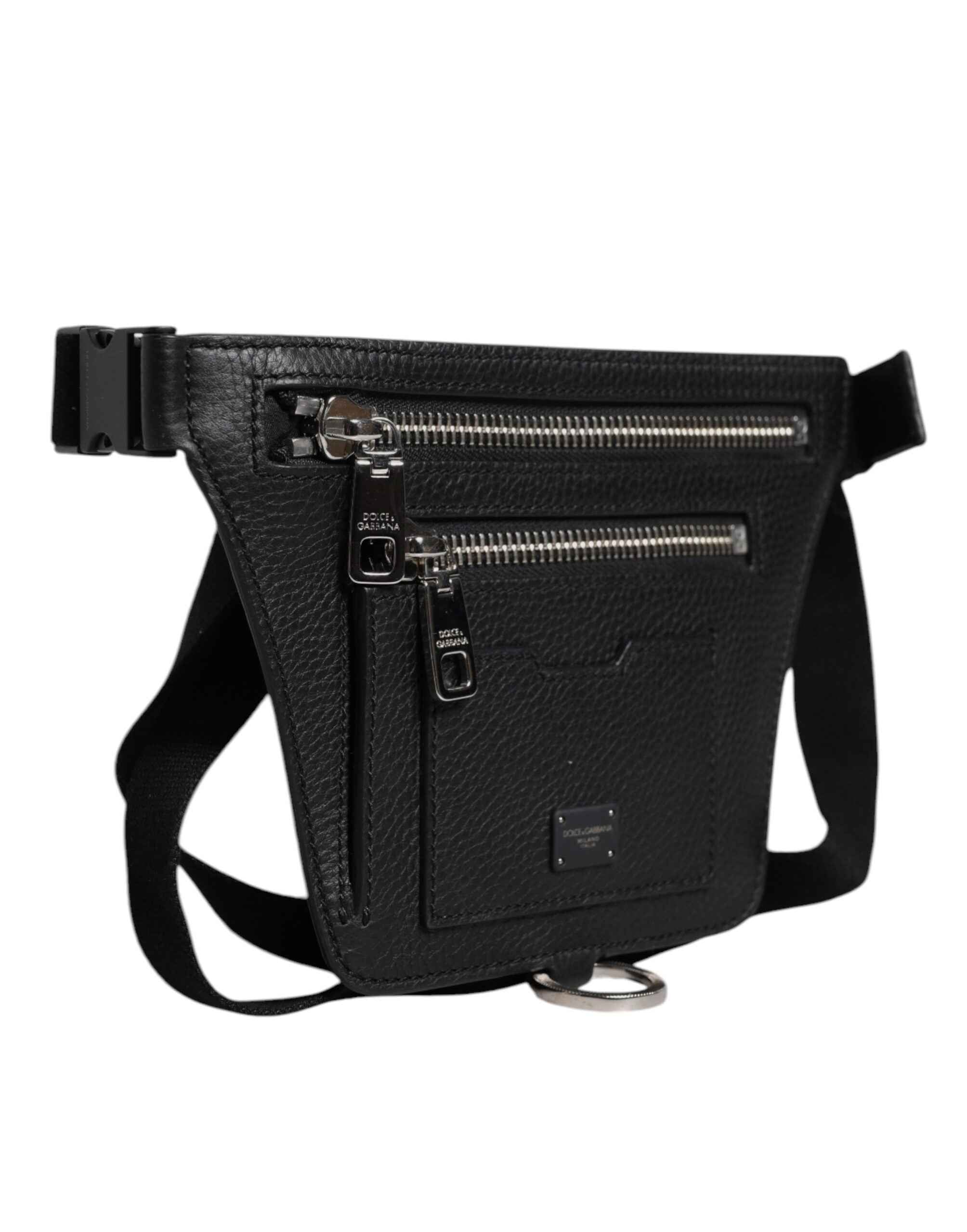Dolce & Gabbana Black Calfskin Logo Plaque Belt Waist Men Fanny Pack Bag