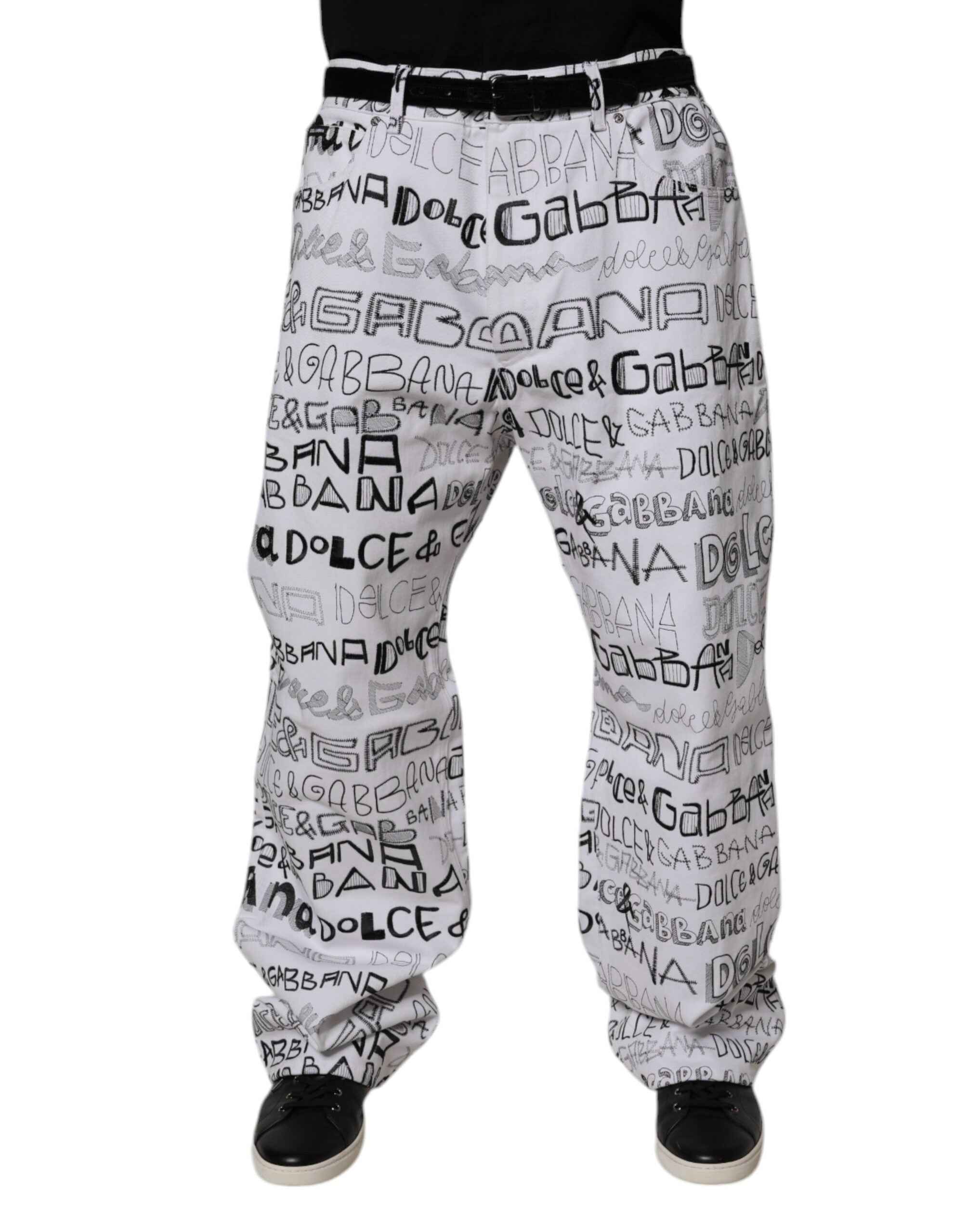 Dolce & Gabbana White Logo Print Straight Men Denim Jeans