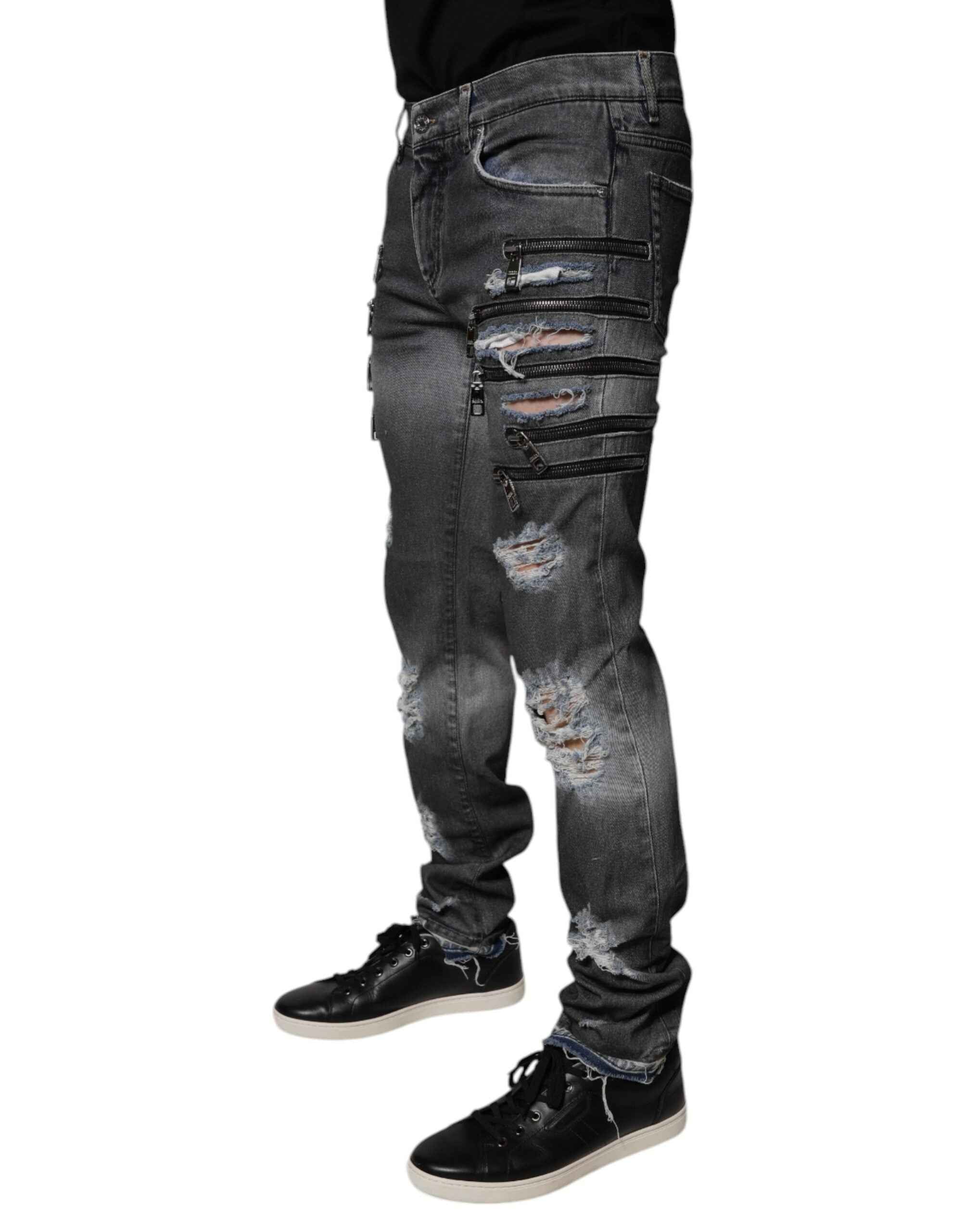 Dolce & Gabbana Dark Gray Tattered Cotton Skinny Denim Jeans