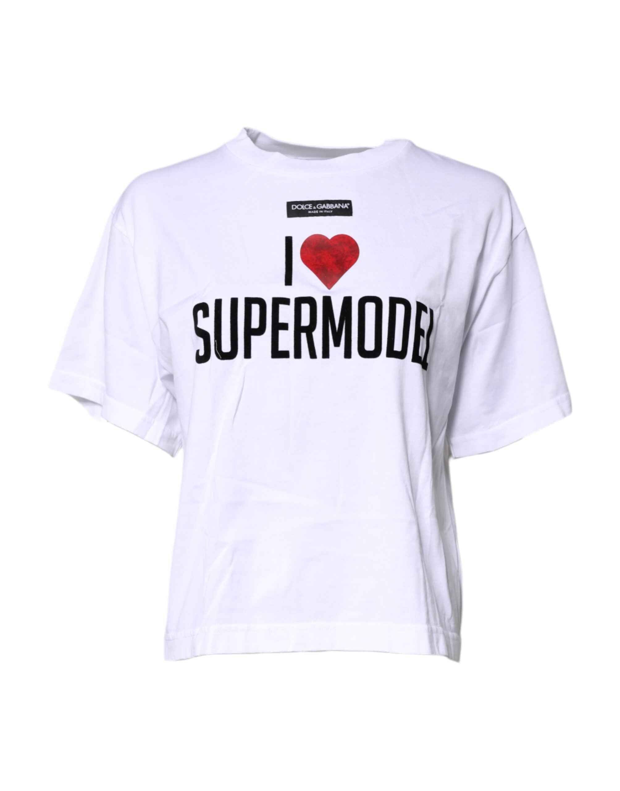 Dolce & Gabbana White Printed Round Neck Top Cotton T-shirt