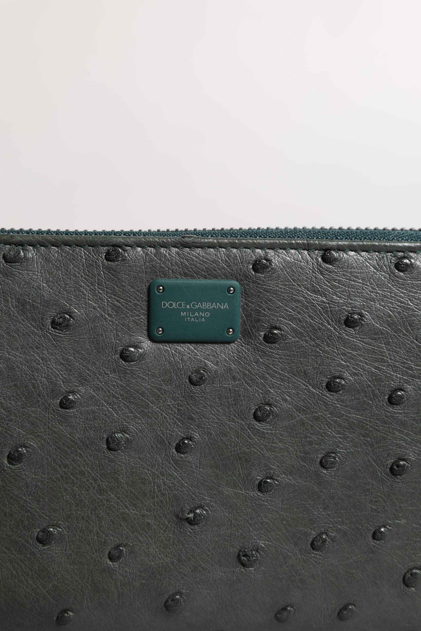 Dolce & Gabbana Green Ostrich Logo Plaque Zip Around Continental Wallet