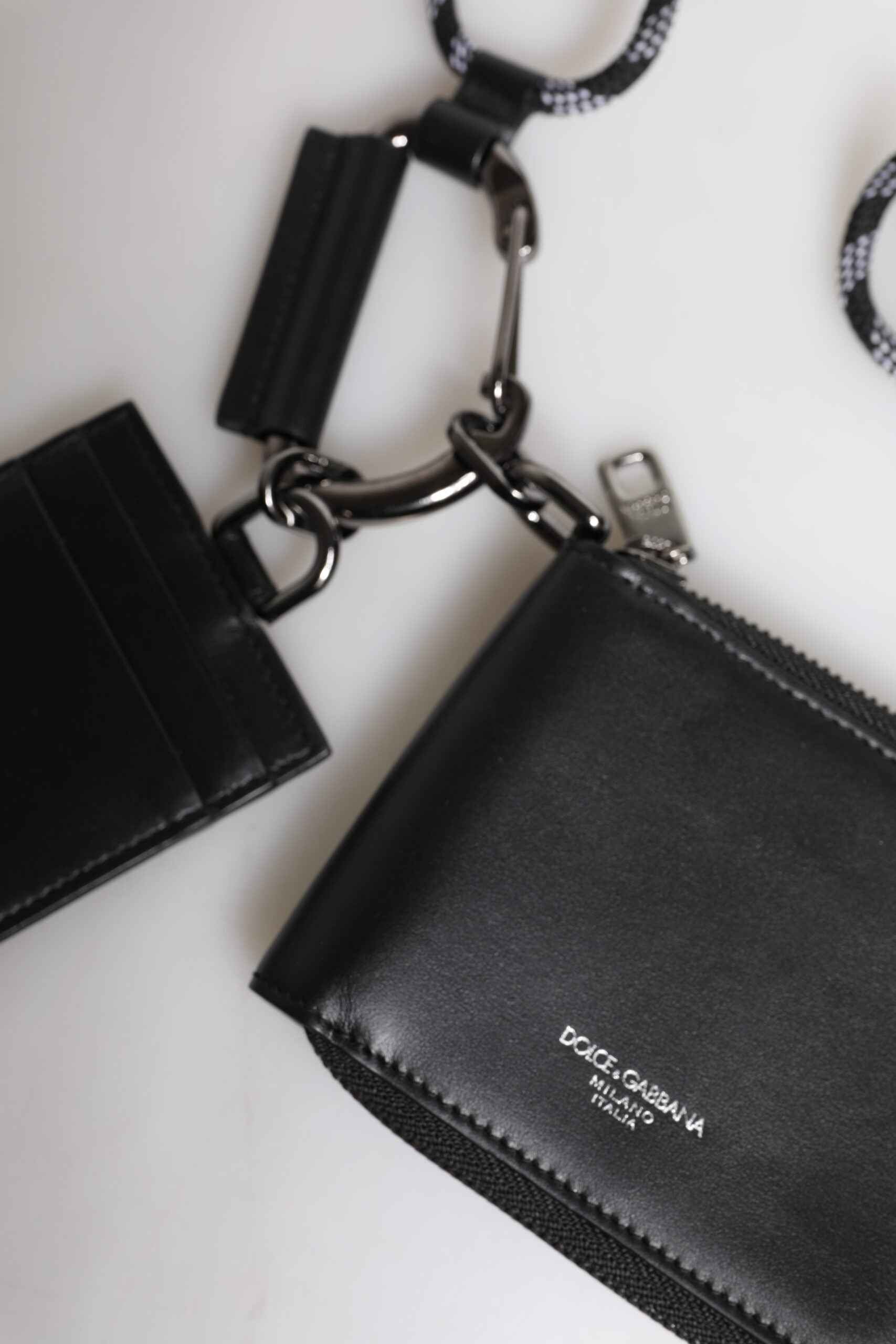 Dolce & Gabbana Black Leather Lanyard Zip Around Card Holder Wallet