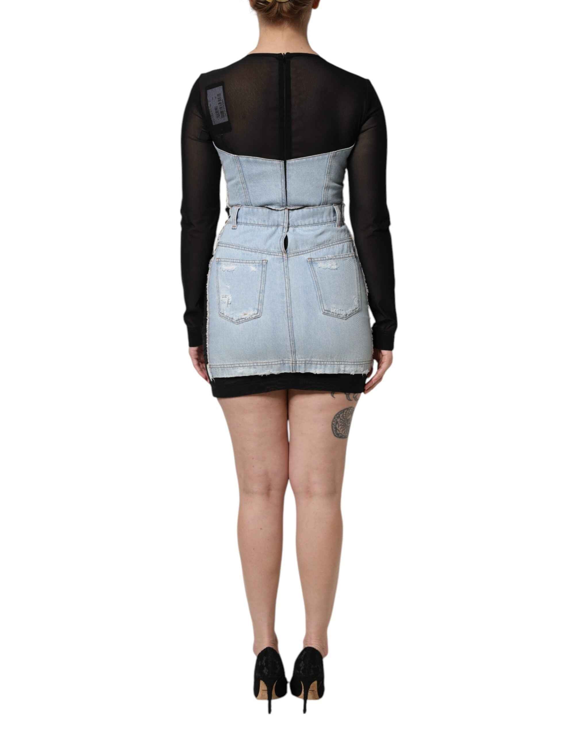 Dolce & Gabbana Black Blue Long Sleeves Denim Mini Dress