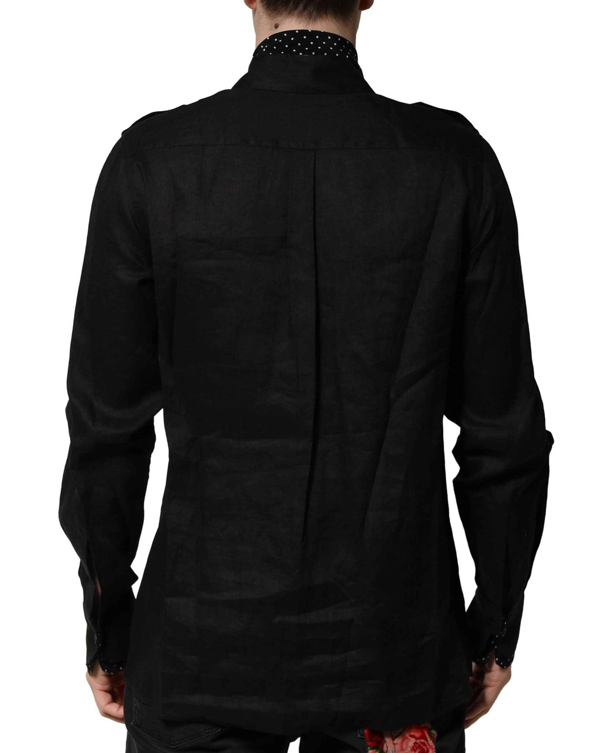 Dolce & Gabbana Black Polka Dot Linen Silk Men Casual Shirt