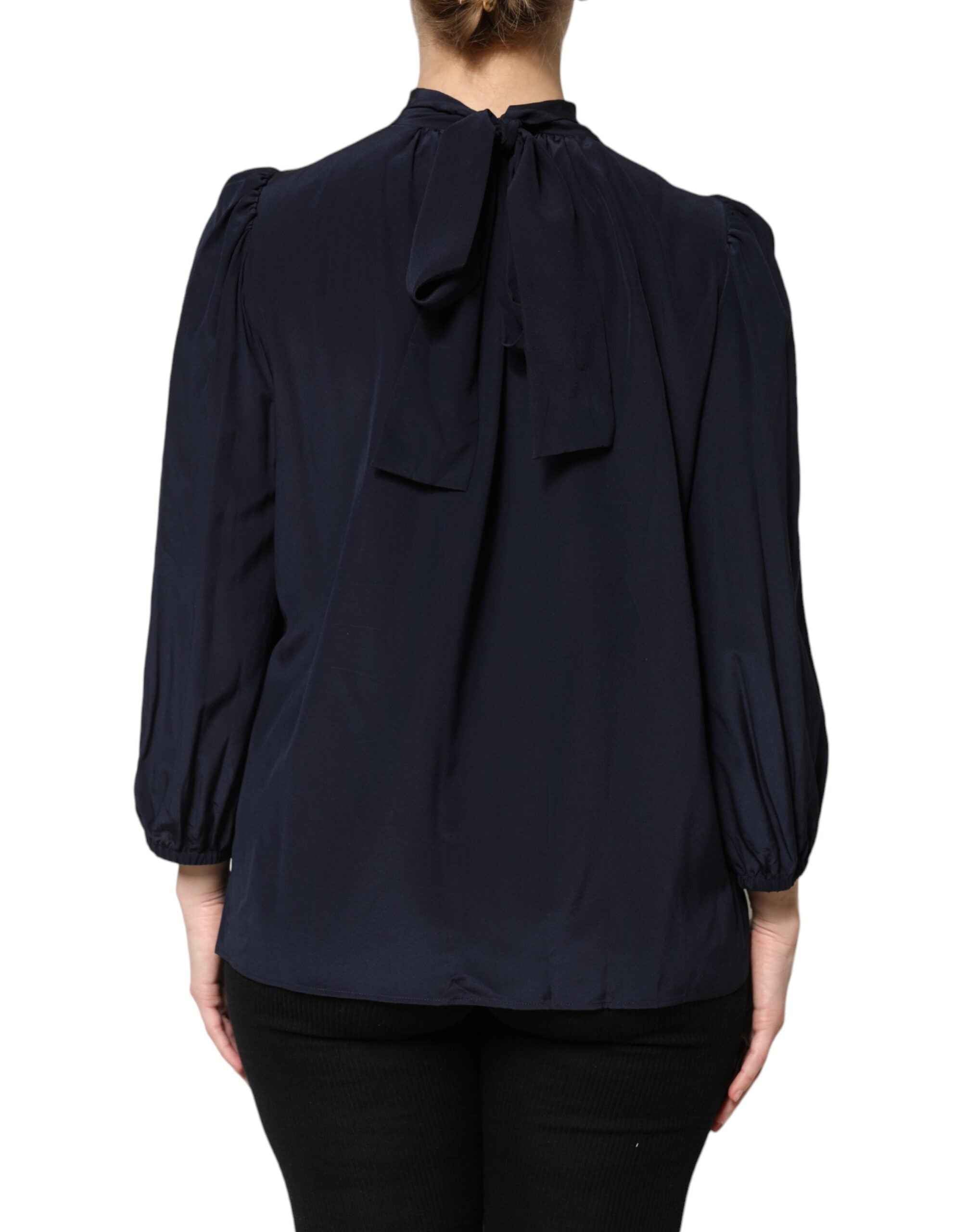 Dolce & Gabbana Blue Silk Mock Neck Long Sleeves Blouse Top