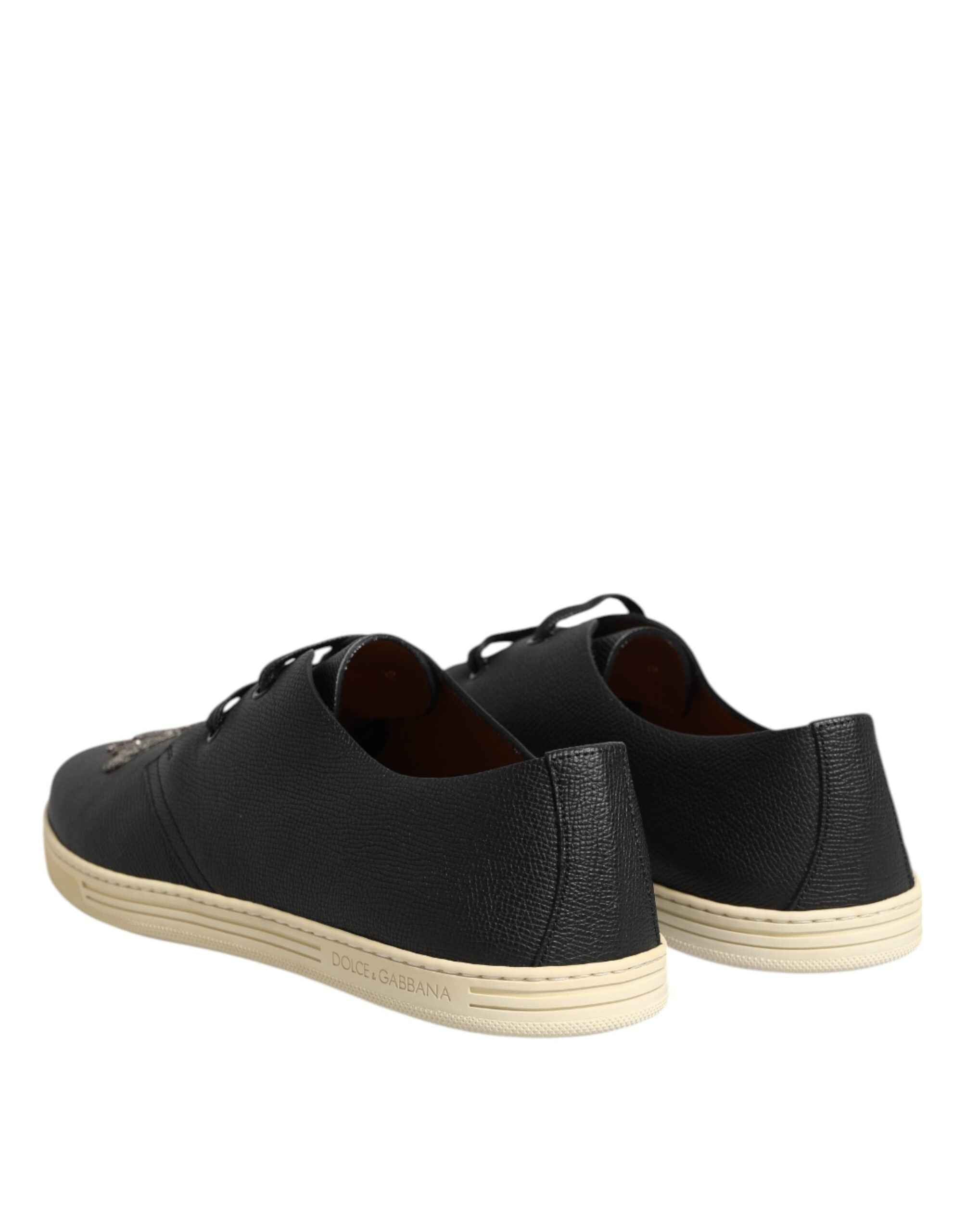 Dolce & Gabbana Black Leather Bee Crown Low Top Sneakers Shoes