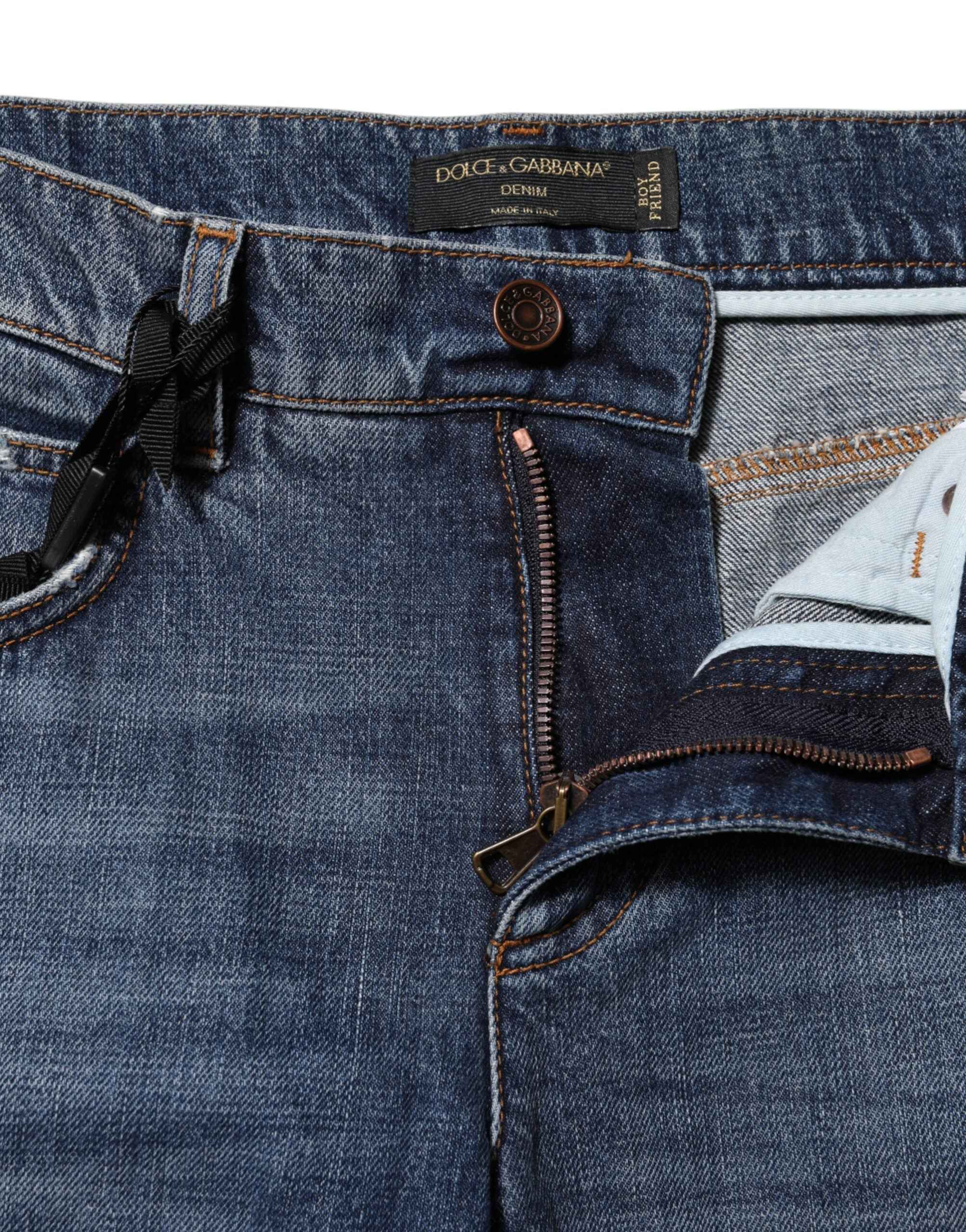 Dolce & Gabbana Blue Cotton Tattered Boyfriend Denim Jeans