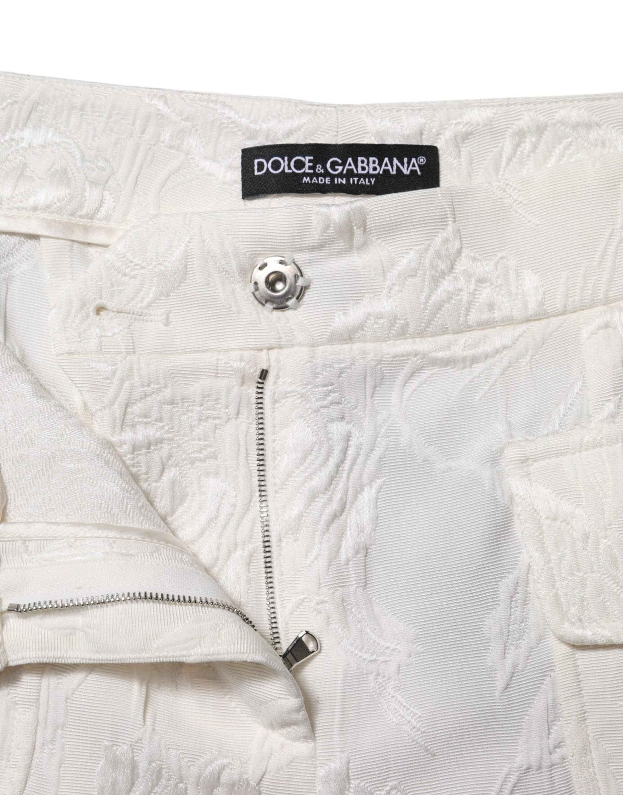 Dolce & Gabbana White Cotton Floral Jacquard Pants