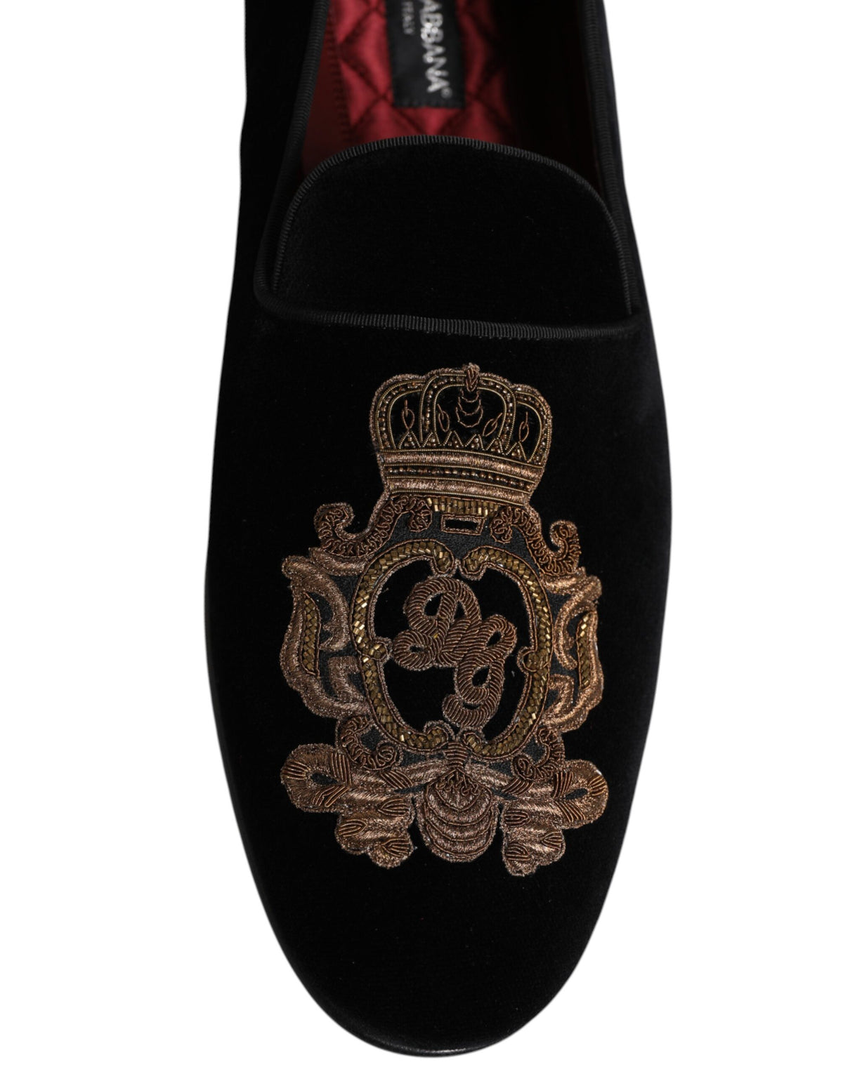Dolce & Gabbana Black Velvet Gold Crown Mens Loafers Shoes