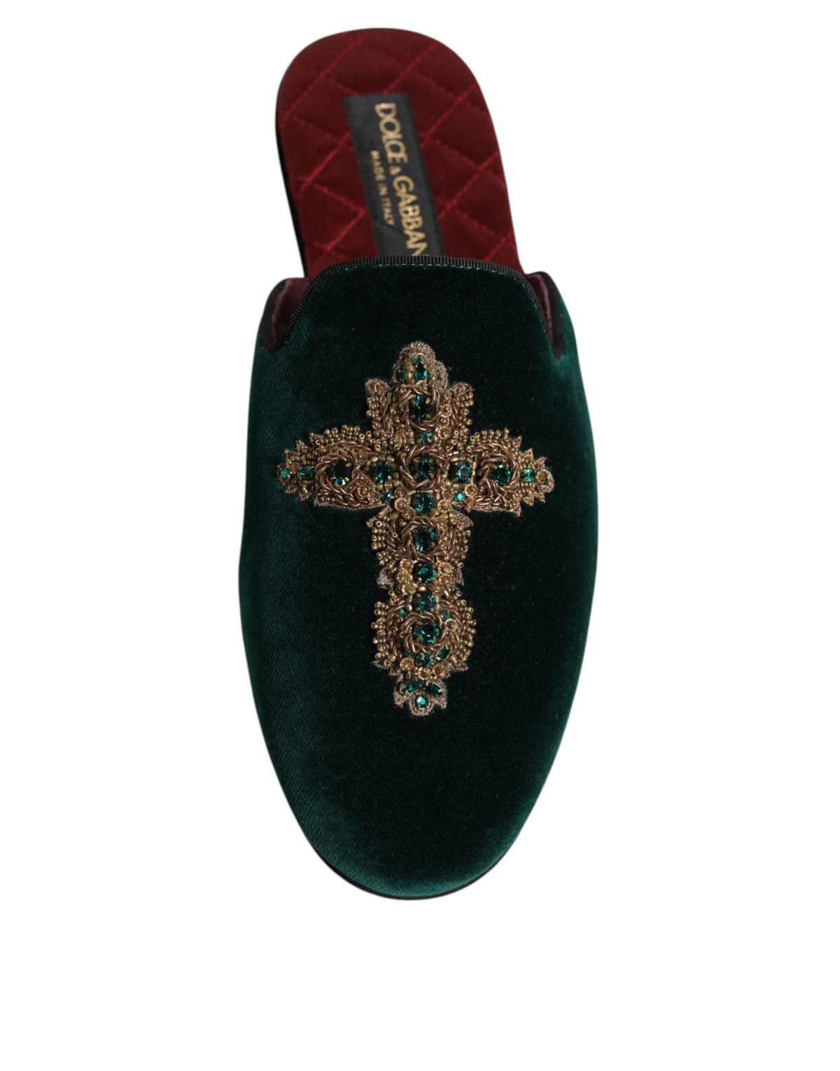 Dolce & Gabbana Green Velvet Cross Embellished Slippers Shoes