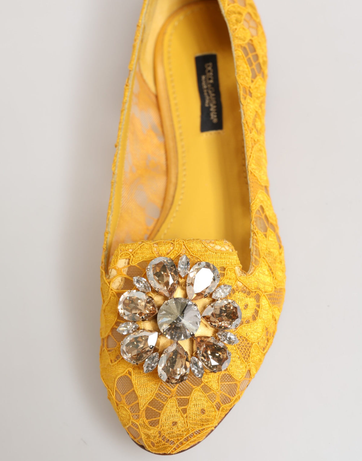 Dolce & Gabbana Yellow Taormina Lace Crystals Flats Shoes
