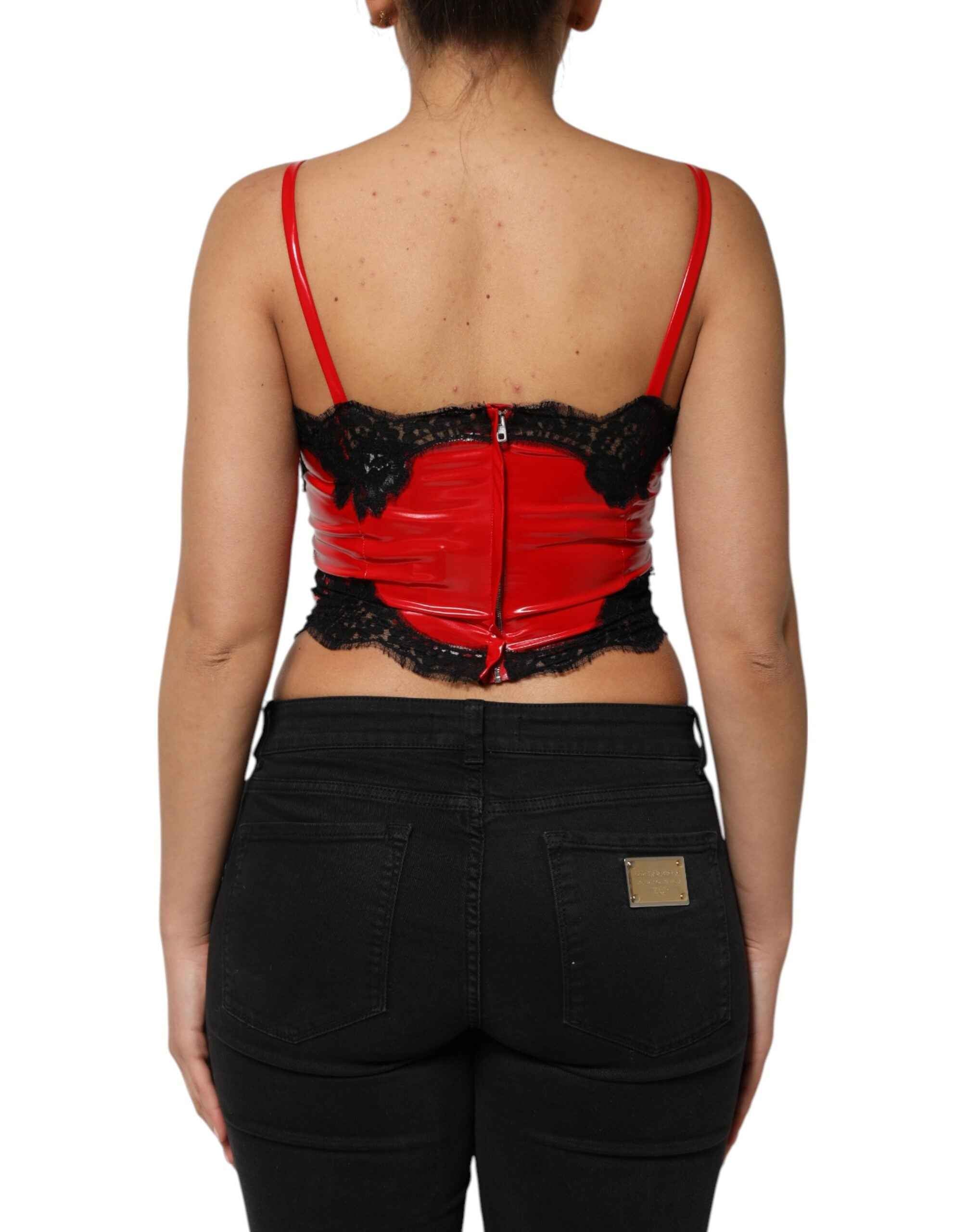 Dolce & Gabbana Red Black Lace Trim Polyester Sleeveless Tank Top