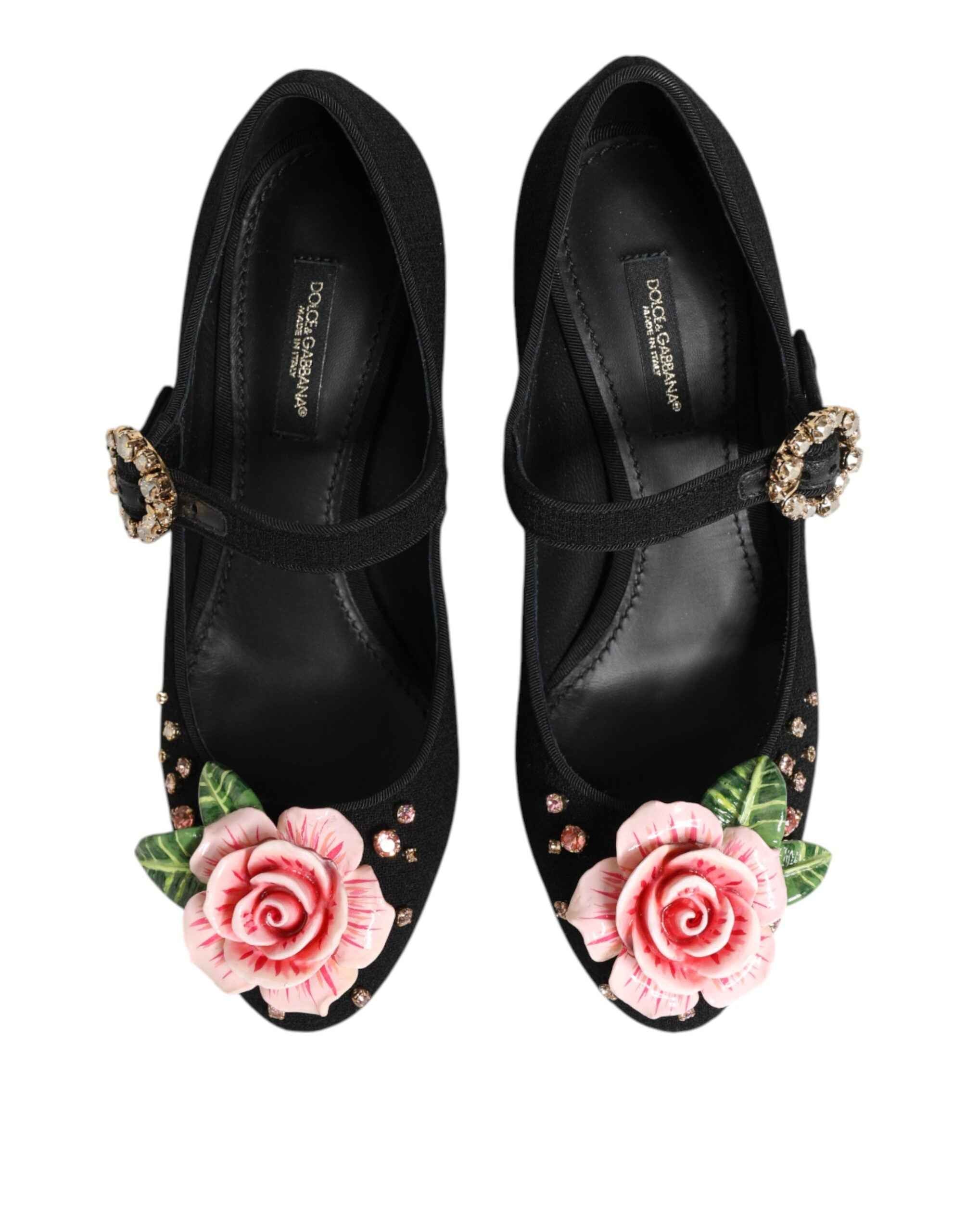 Dolce & Gabbana Black Flower Crystal Embellished Mary Jane Shoes