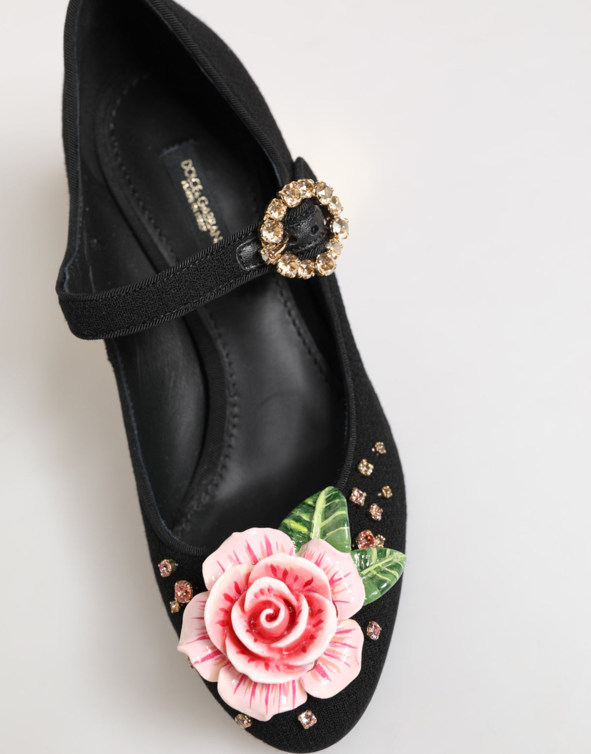 Dolce & Gabbana Black Flower Crystal Embellished Mary Jane Shoes