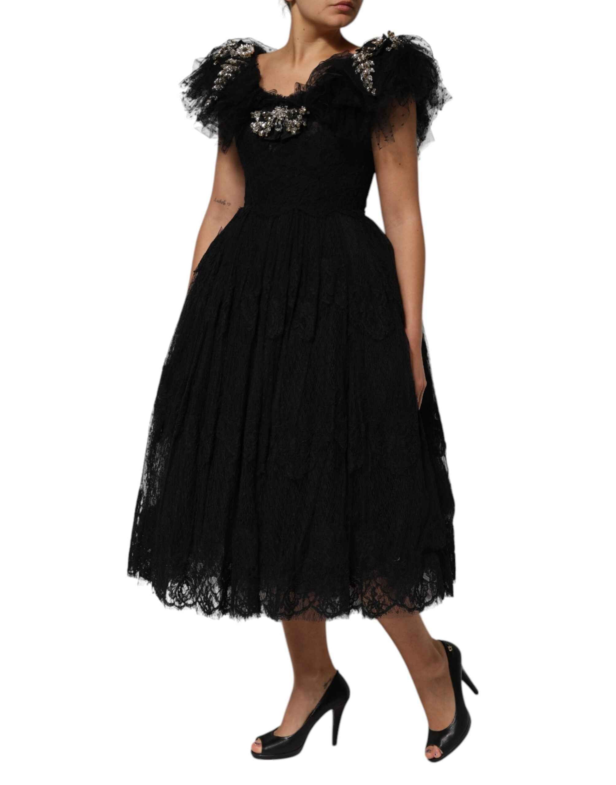 Dolce & Gabbana Black Crystal Embellished Midi A-line Dress