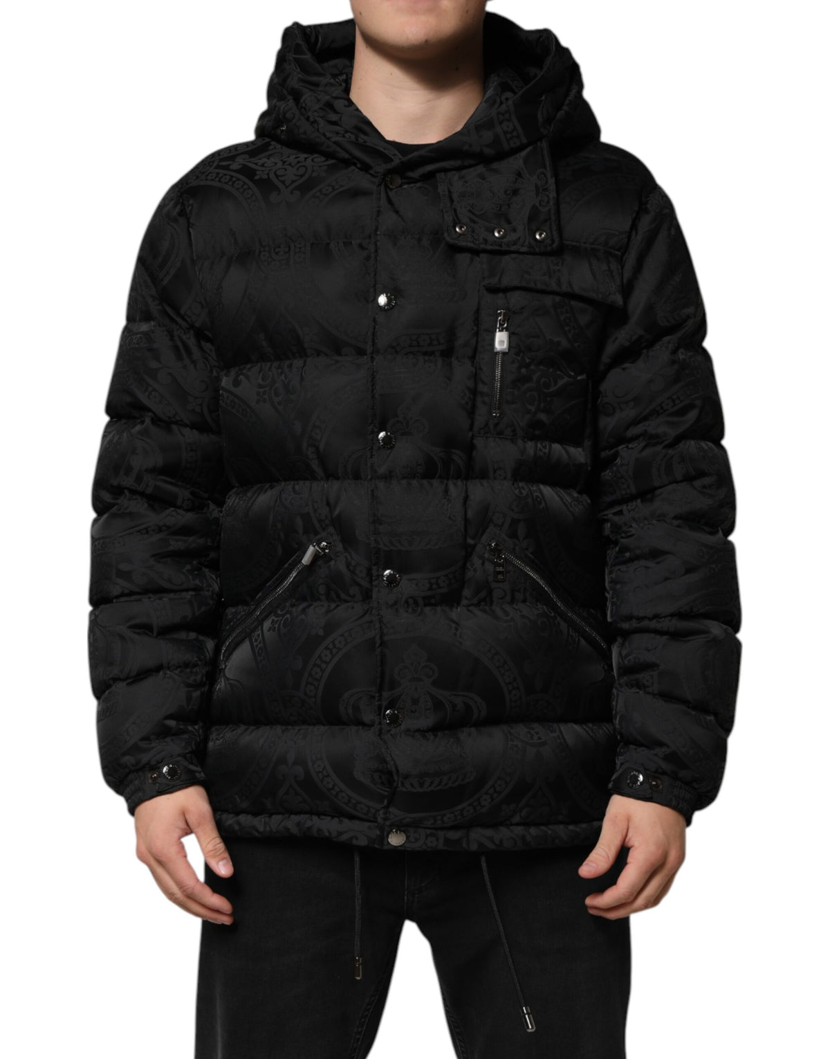 Dolce & Gabbana Black Jacquard Quilted Puffer Hooded Jacket