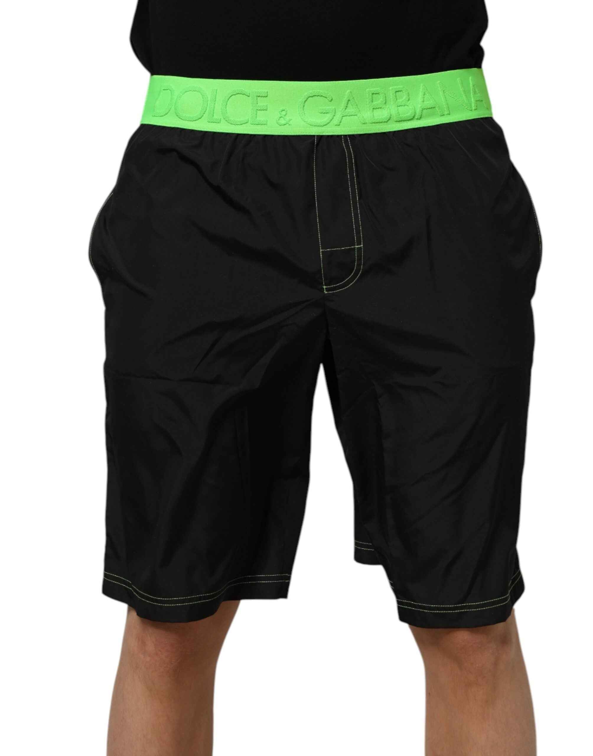 Dolce & Gabbana Black Green Logo Waistband Beachwear Short Swimwear