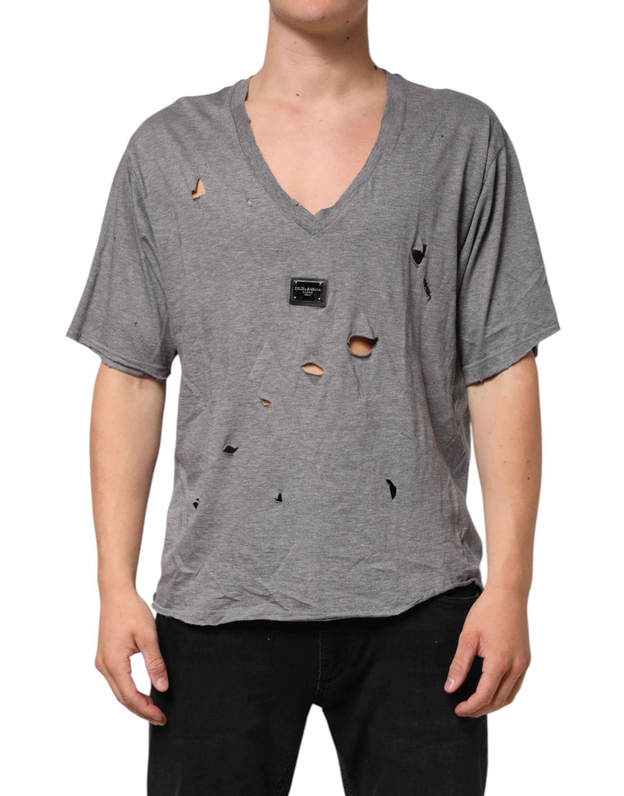 Dolce & Gabbana Gray Cotton Tattered Logo Patch Men T-shirt