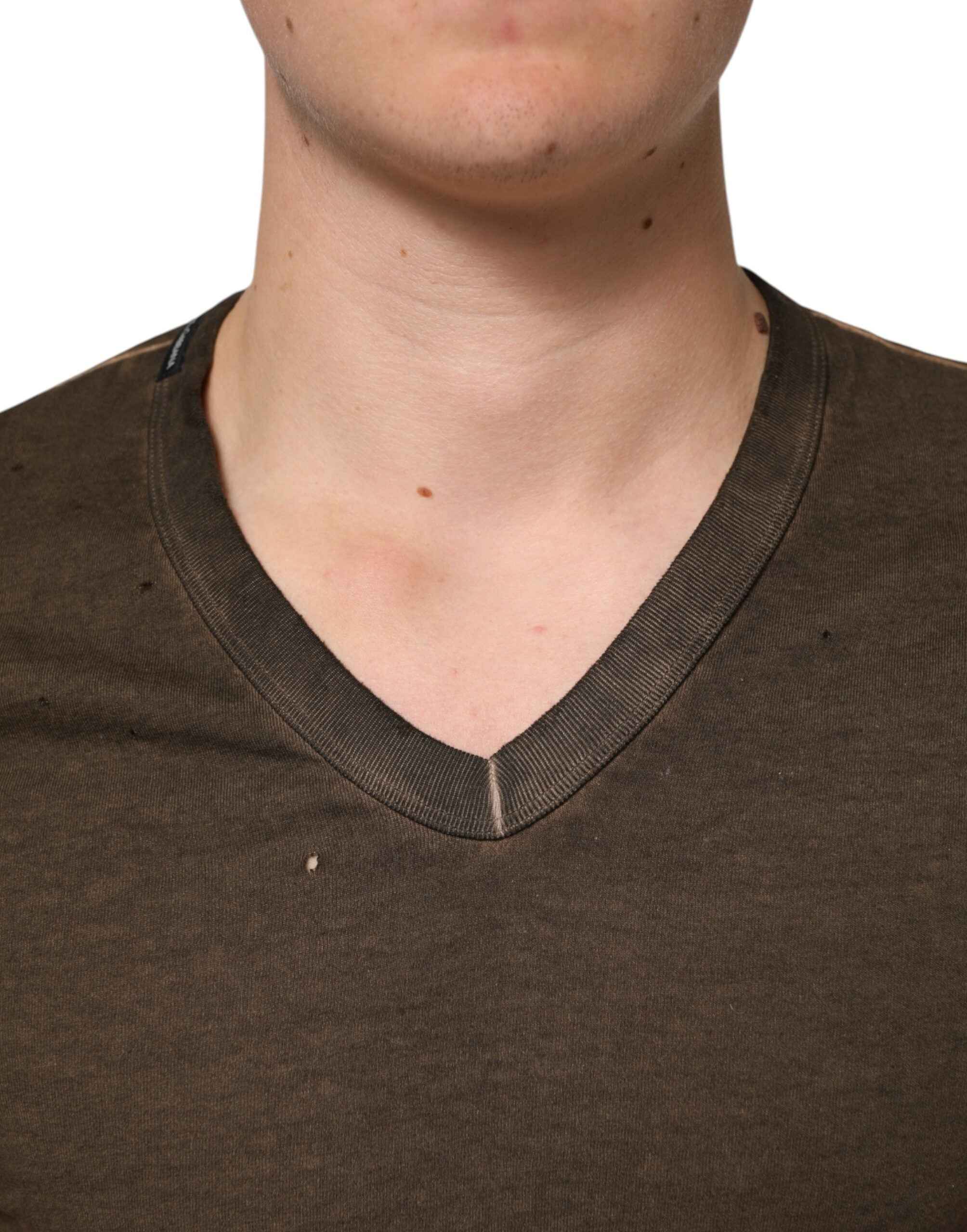 Dolce & Gabbana Dark Brown Cotton Tattered Logo Men T-shirt