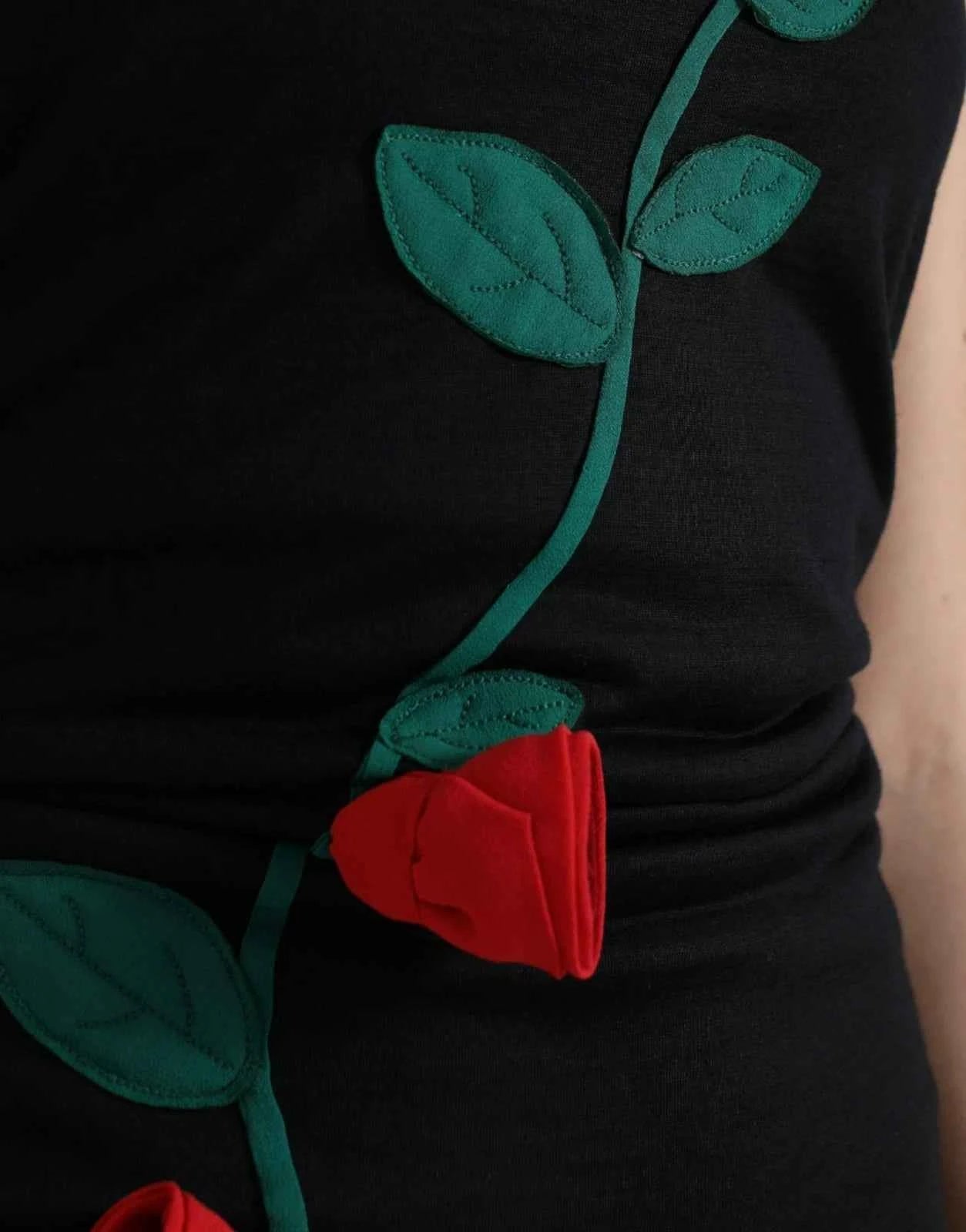 Dolce & Gabbana Black Wool Sleeveless Rose Applique Dress